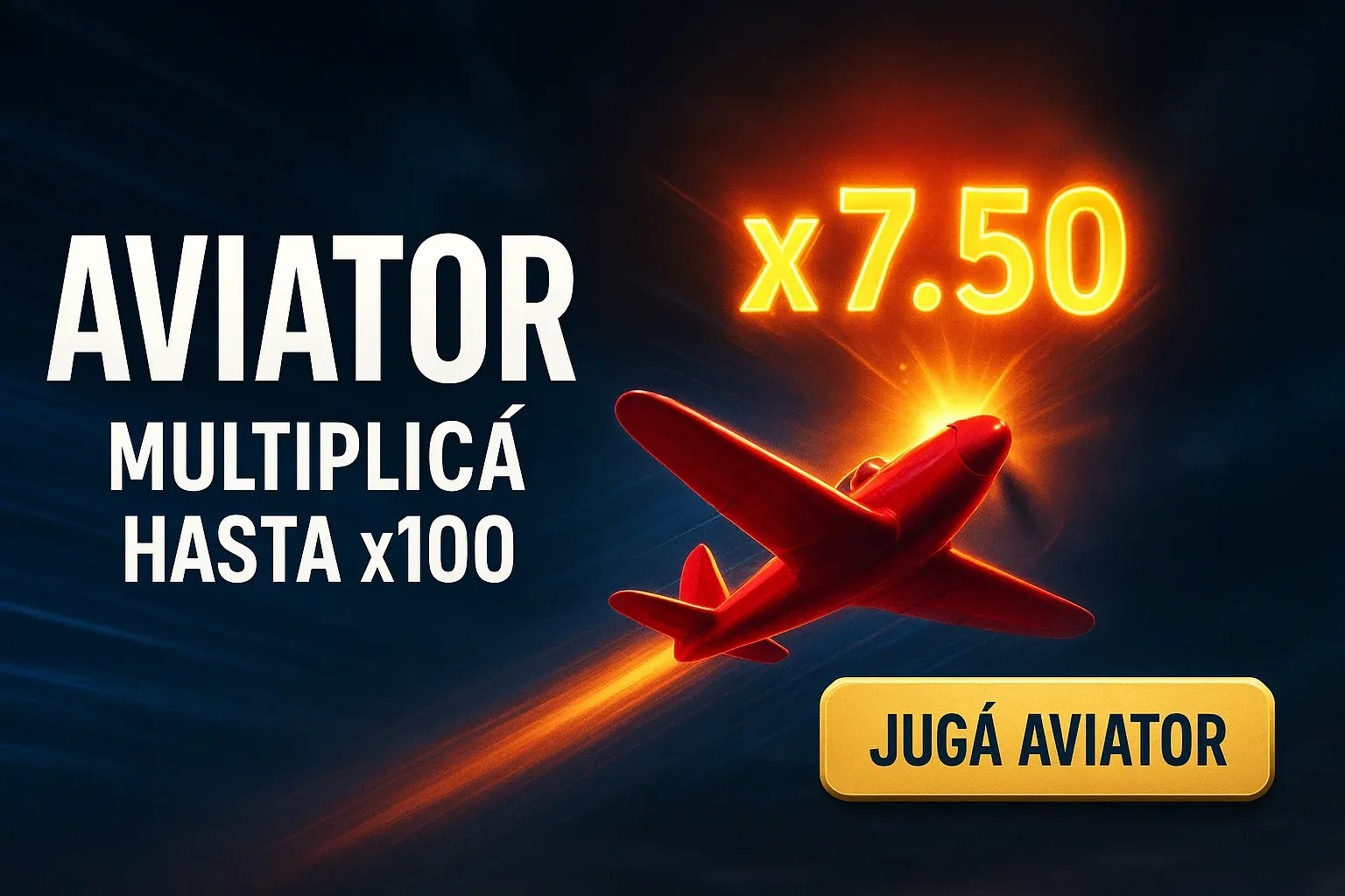 Banner Aviator con avión rojo y multiplicador x7.50, CTA dorado