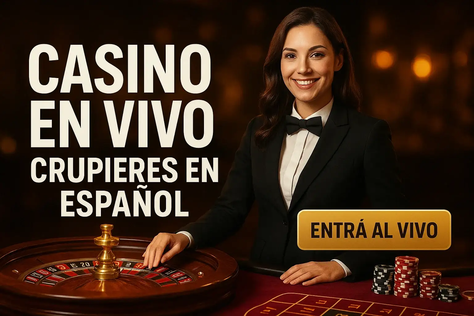 Banner de casino en vivo con crupier en español y ruleta